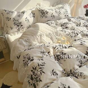 街角花摊｜浪漫唯美大花边纯棉四件套干净黑白花中古风1.8m床笠款