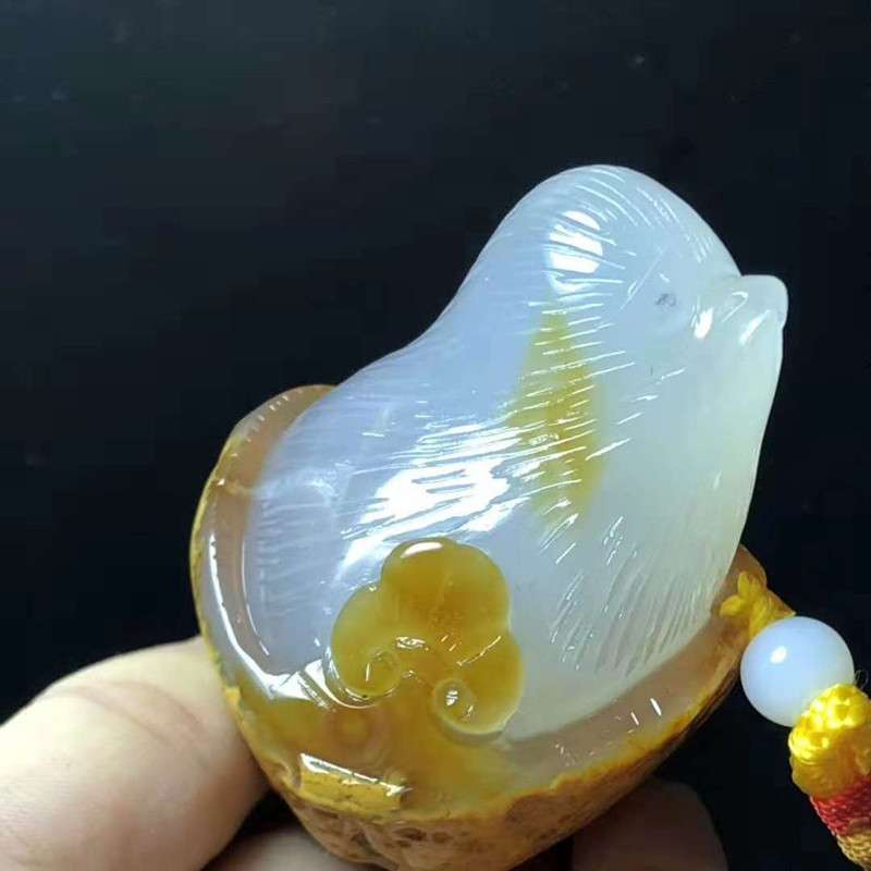 原皮透玛瑙玉髓小鸟.小鸡出窝手把件一图一物抓住机遇手工艺