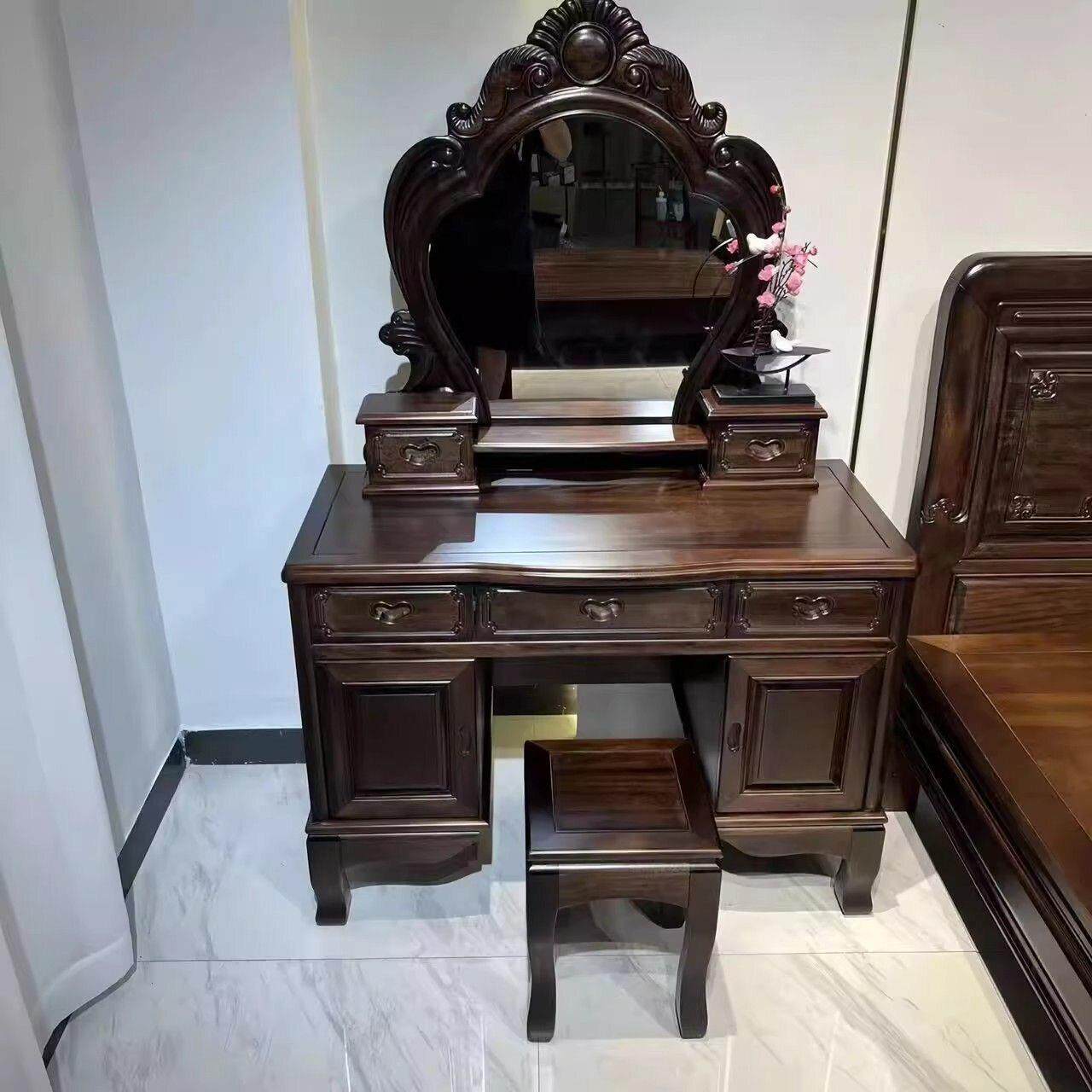 新中式纯全实木梳妆台乌金木化妆台雕花怀旧复古高端古典非红木