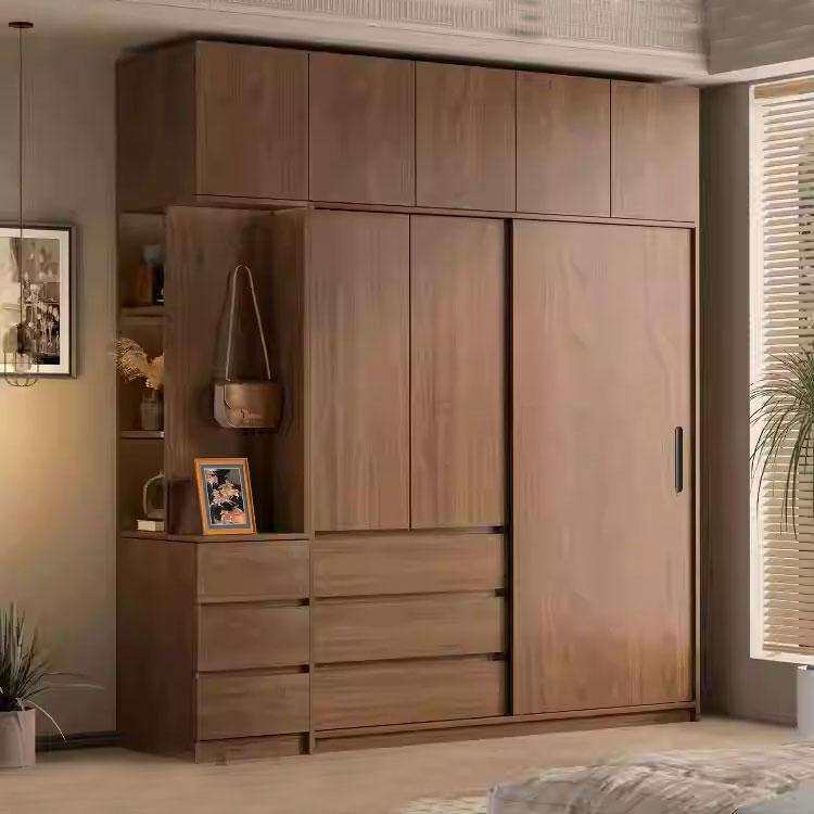 实木橡木衣柜推拉门家用卧室北欧纯胡桃色移门全原木挂式衣橱家具