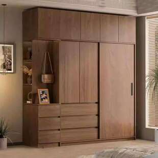 实木橡木衣柜推拉门家用卧室北欧纯胡桃色移门全原木挂式衣橱家具