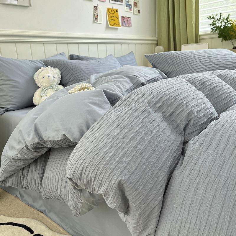 泡泡纱纯色四件套韩版全棉少女公主风床上用品床单被套纯棉4件套