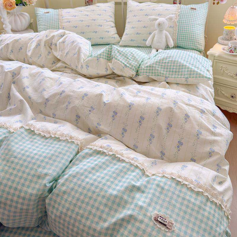 秋冬全棉小碎花刺绣四件套公主风小清新花边纯棉被套床裙款4件套