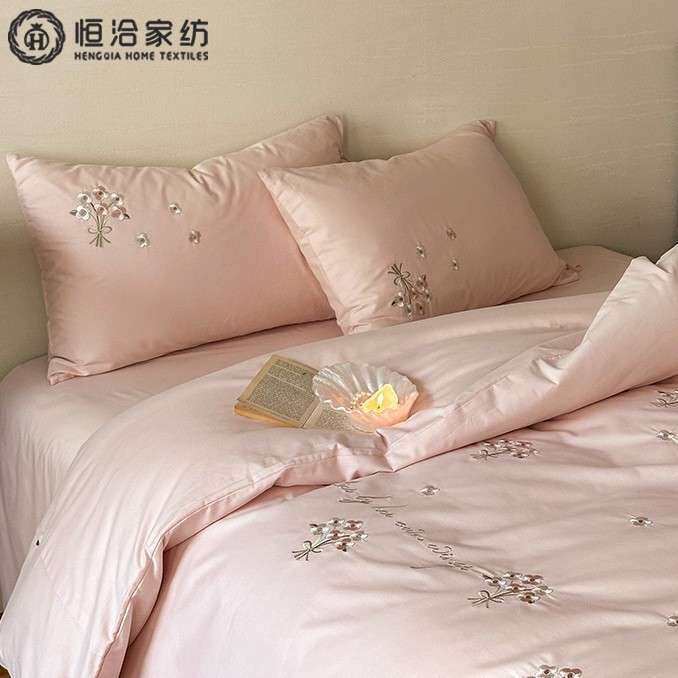 秋冬少女心全棉磨毛四件套花卉刺绣加厚纯棉1.2m被套床笠床品紫色