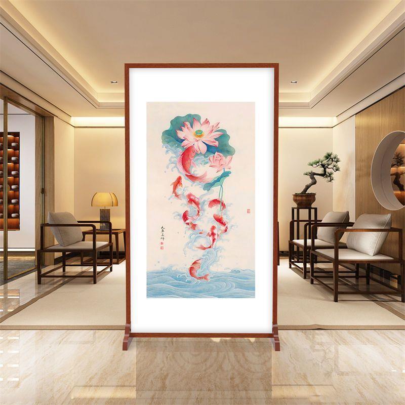 富贵九鱼图进门入户玄关隔断客厅小户型遮挡座屏中式酒店屏风牡丹