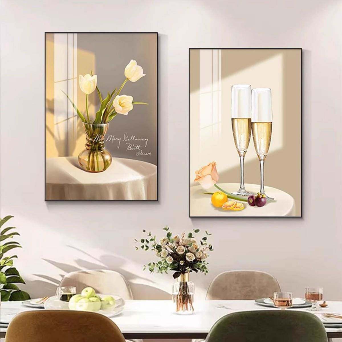 现代简约餐厅装饰画轻奢酒杯花卉饭厅挂画客厅餐桌壁画厨房两联画