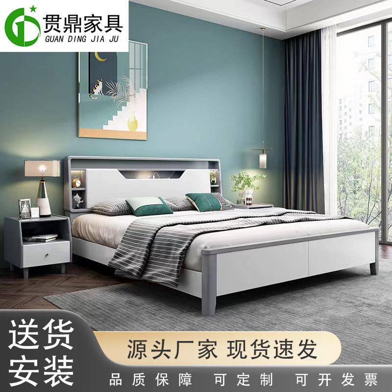 现代简约全实木床1.8米双人床主卧室2米x2米大床白色储物高箱家具