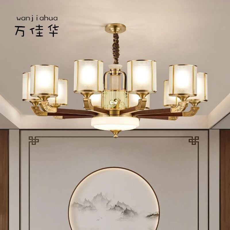 新中式全铜客厅吊灯奢华大气别墅中国风实木卧室餐厅灯具2024新款
