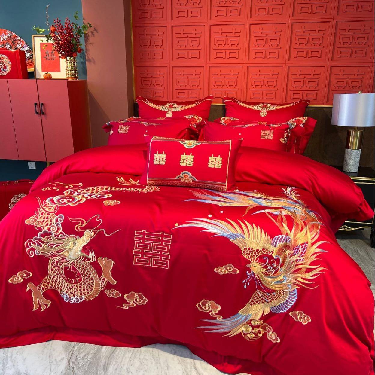 长绒棉轻奢贡缎床上用品四件套全棉床单大红色婚房龙凤刺绣被套