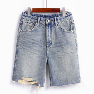 复古牛仔短裤 高腰宽松显瘦毛边休闲直筒中裤 女五分裤 薄款 夏季 美式