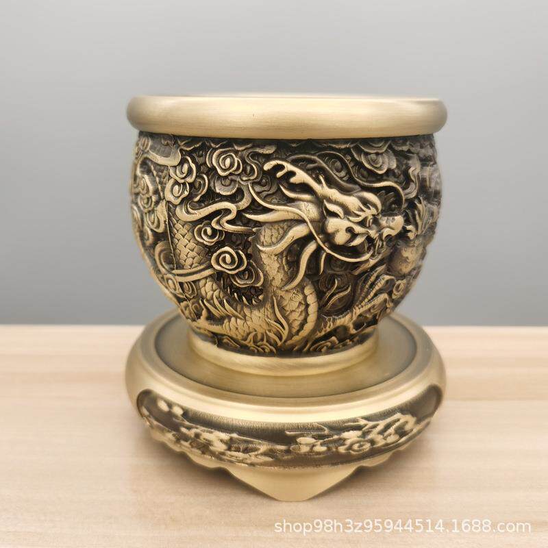 纯双黄铜戏珠缸貅缸摆貔龙件客厅办RSP公室发财缸聚宝盆故宫缸烟