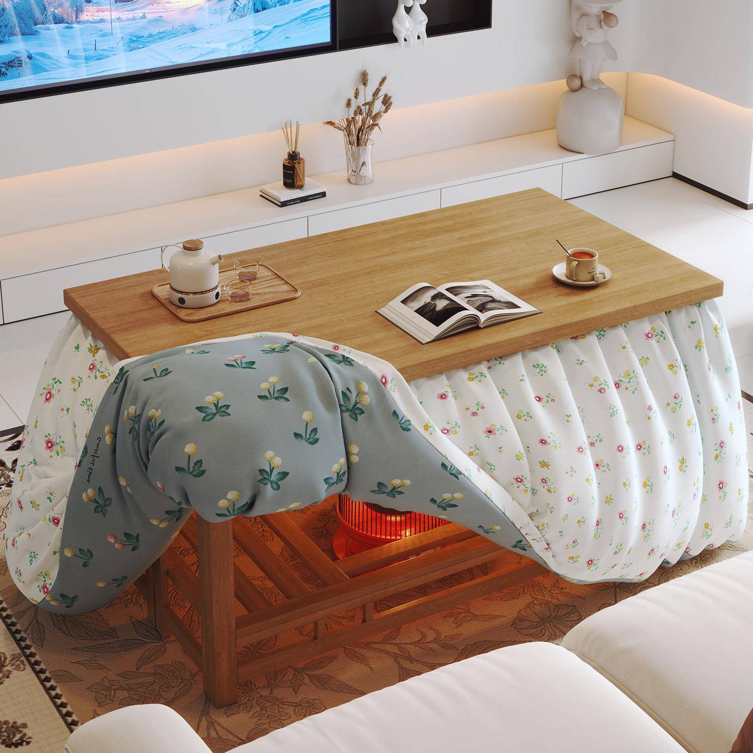 新款烤火桌子简家用实木长方形易冬季烤火桌取厅暖桌可架折叠烤火