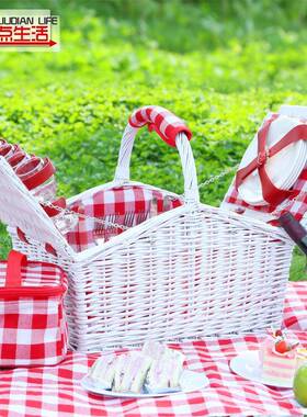 厂现货柳编手提s带盖野餐篮ZY-0050户外田园in藤编带餐具保工温包