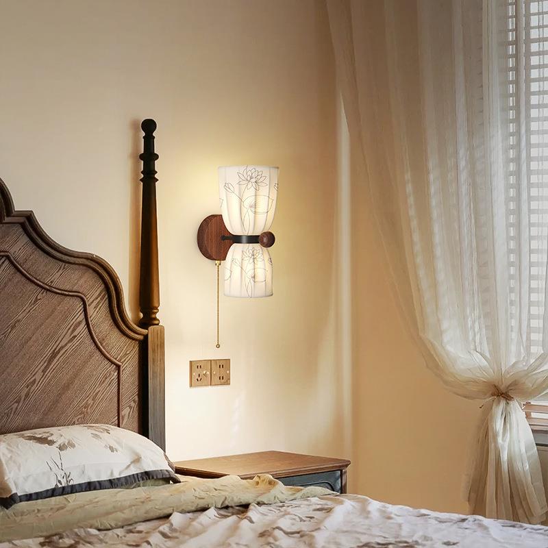 复古法风床头小壁吊灯式布艺胡木色过道灯宋氏美学89803奶桃油灯