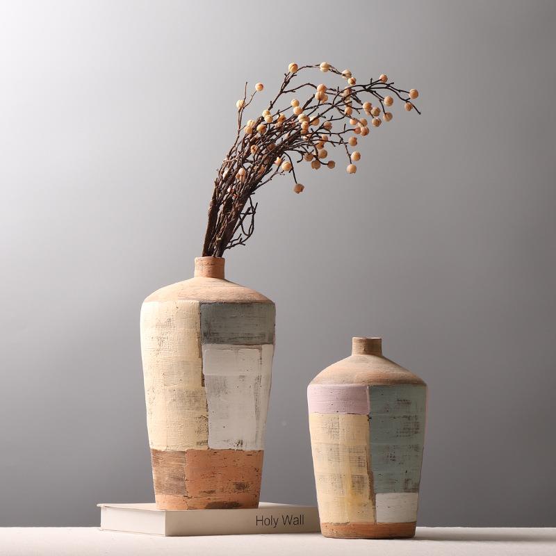 日式粗陶花器创茶室书房插干花花瓶拼色小XKF口装饰品摆件意陶粉