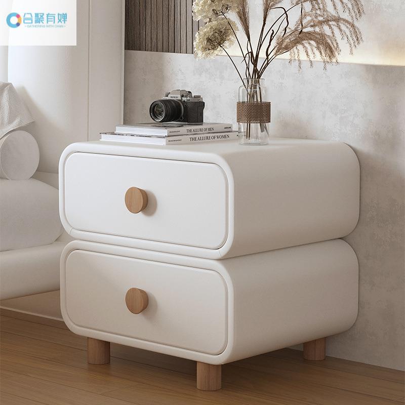 奶油型风简约代极简易免安装收纳柜床头柜卧室实CLR小木皮质现床