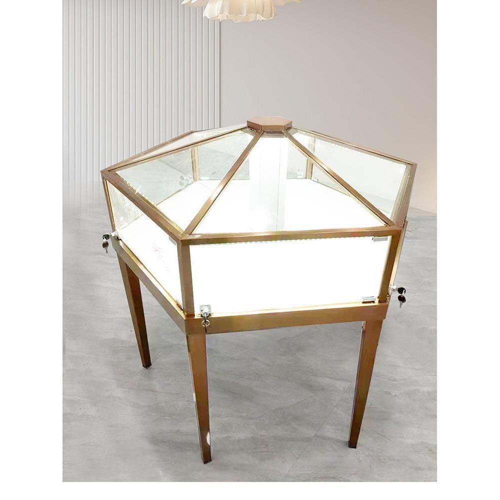 镀钛不锈钢圆形珠宝展示柜中岛柜玻璃柜台翡翠玉器展柜古玩货柜