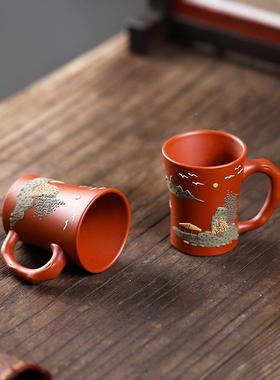 宜兴大红品袍紫砂CCDH32单杯杯小人口杯茶盏茶碗带把泥绘山茗水主