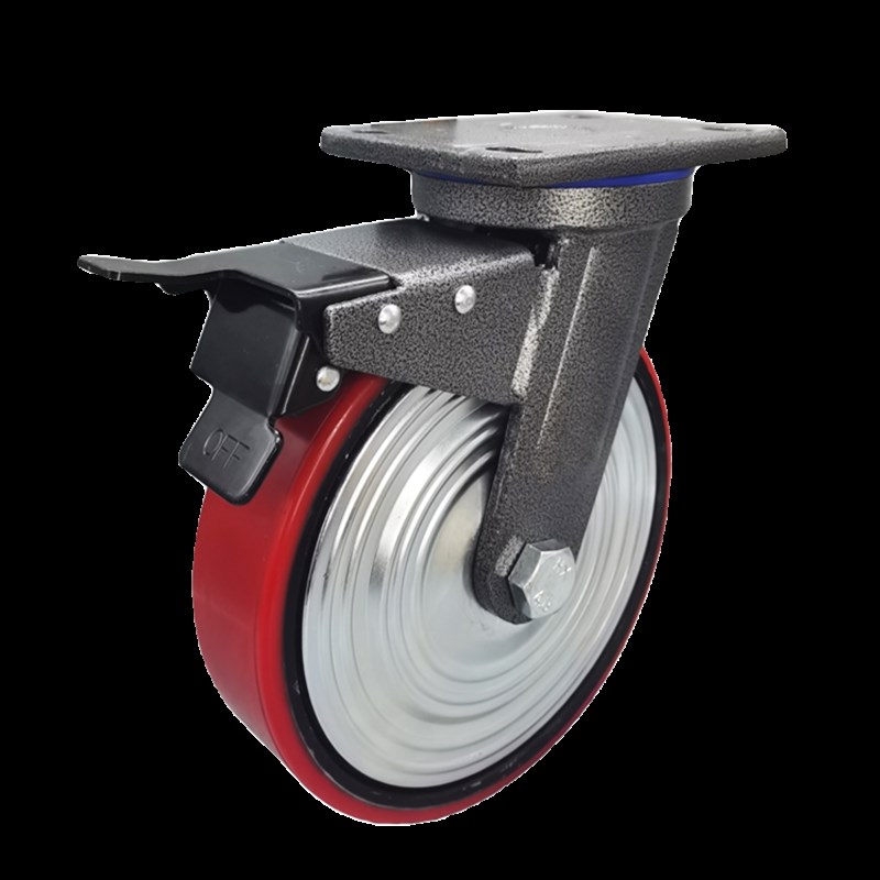 8寸加重万向轮铁芯聚氨酯轮寸工业脚轮手推车拖车轮子带刹车承重