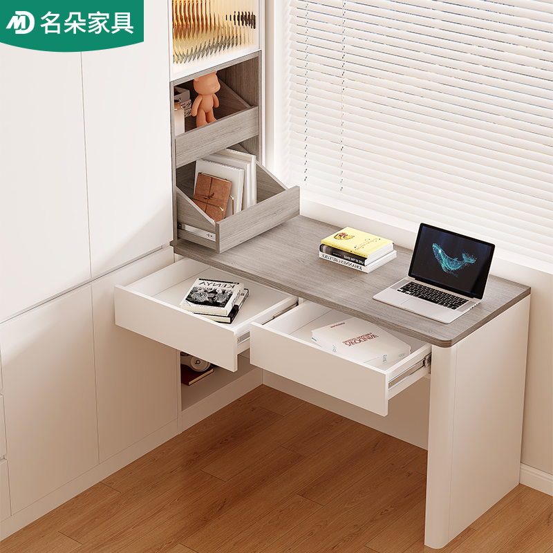 奶油风衣柜书桌一体家用卧室现代简约衣橱连体书柜学习桌553
