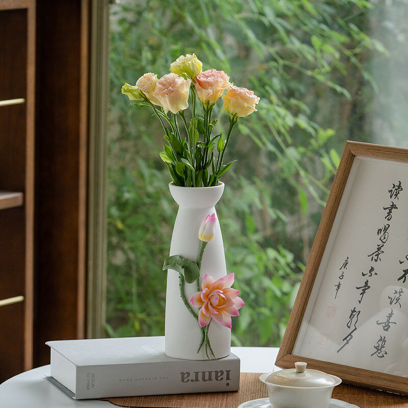 陶瓷一莲幽梦白瓷手工莲花摆件客厅博古架茶室办公室茶几桌面花瓶