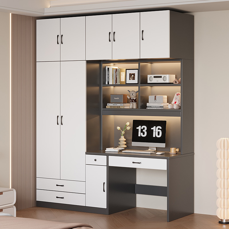 电脑桌家用衣柜带书桌一体学生书柜卧室纯实木桌子学习桌书架