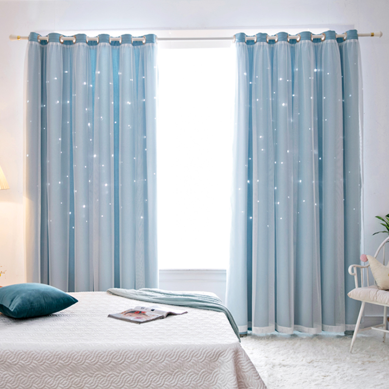 遮光窗帘成品镂空星星简约现代层卧室飘窗客厅落地窗阳台平面窗