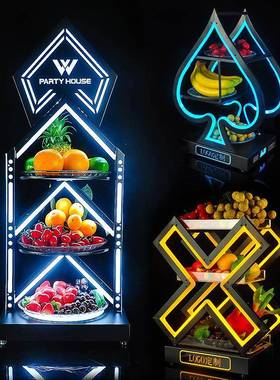 铁艺烤漆酒吧发光0025果盘TV小牒发食光摆台电充LEDK炫彩三层果盘