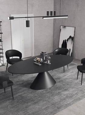 飞碟岩餐式桌意家极简椭圆形高端60789用饭桌纯黑色餐桌椅板组合
