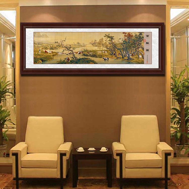 郎世宁百骏图入门玄关门厅装画卷饰挂画马横版骏图挂轴装饰名画轴