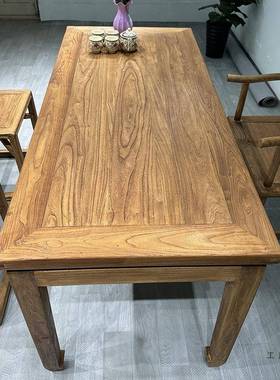 老榆茶桌复古原木风化门板餐桌老家木用书桌长桌椅UDM束腰中马式