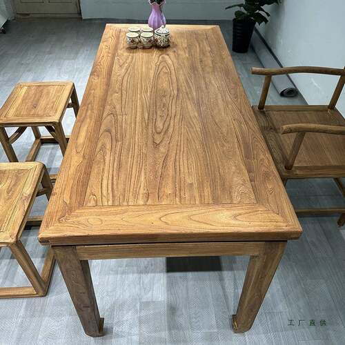 老榆茶桌复古原木风化门板餐桌老家木用书桌长桌椅UDM束腰中马式