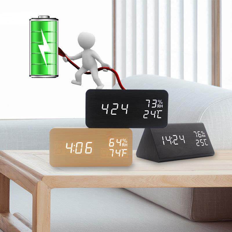 厂家新款创意充电LED数字闹钟 声控温湿度多功能木头座钟