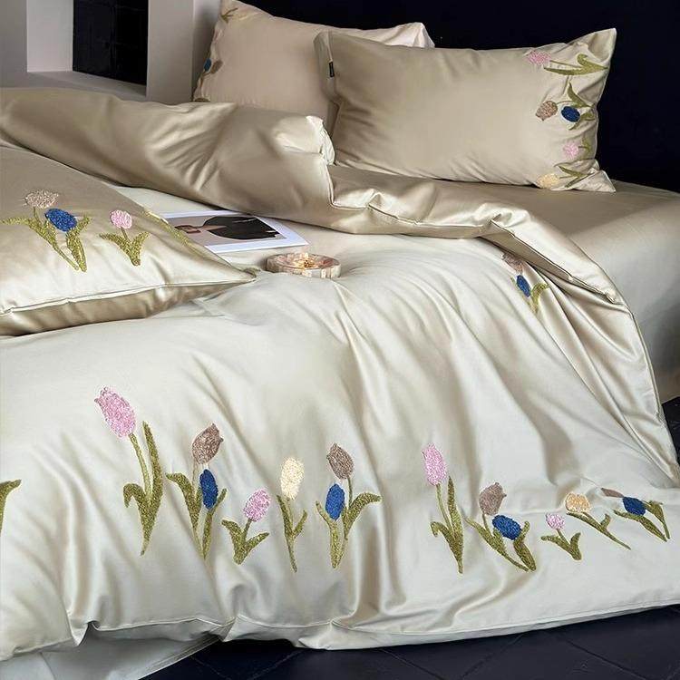 小清新毛巾绣100S长绒棉贡缎四件套裸睡纯棉全棉床单被套床上用品