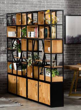 客落地隔断置物架式实木书架餐厅带厅铁艺格子展示架木美RXN书柜