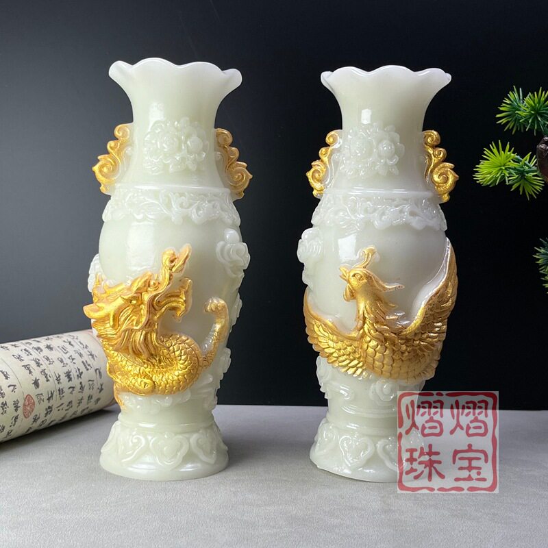 批发夜光石龙凤呈祥花瓶摆件仿古玉瓶摆设客厅夜光工艺品直播爆款