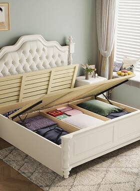 式轻高式端实木床奢双人床美现无品牌/代简约轻奢白色欧主卧高箱