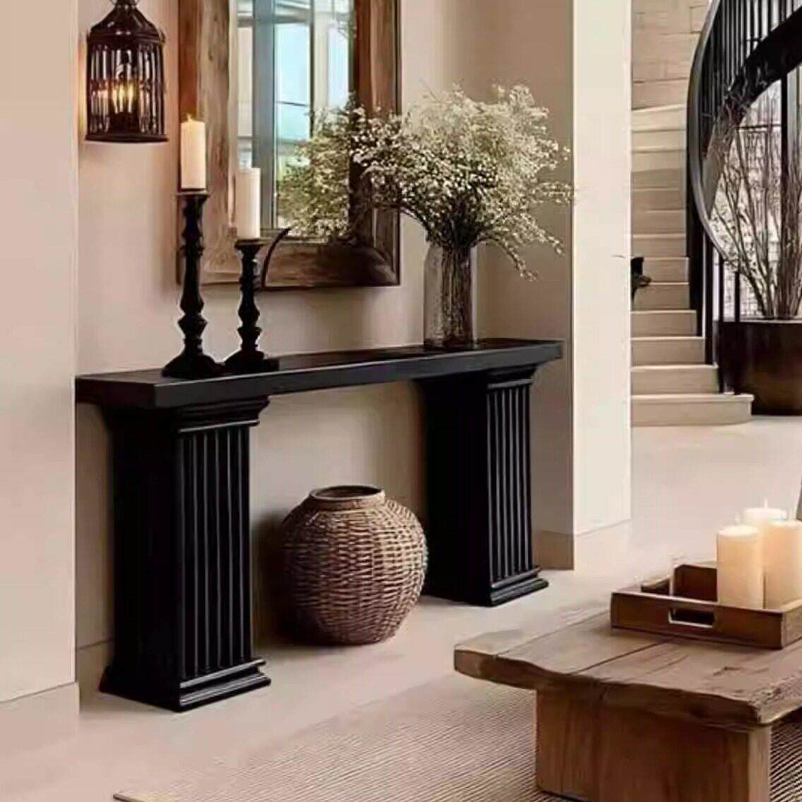 法式复古实木玄关台罗马柱设计端景台入户桌轻奢高级感家用玄关桌