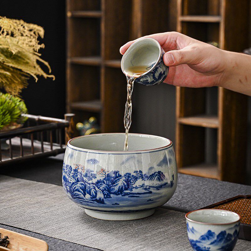 老陶泥青花茶渣缸茶洗家用陶瓷水盂杯洗建水茶渣缸功夫茶具配件