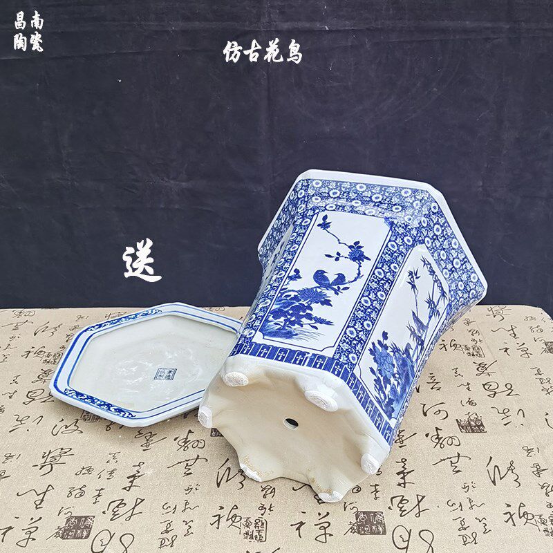 2023陶瓷花盆仿古大口径室内阳台家用落地公司绿植六角盆君子兰