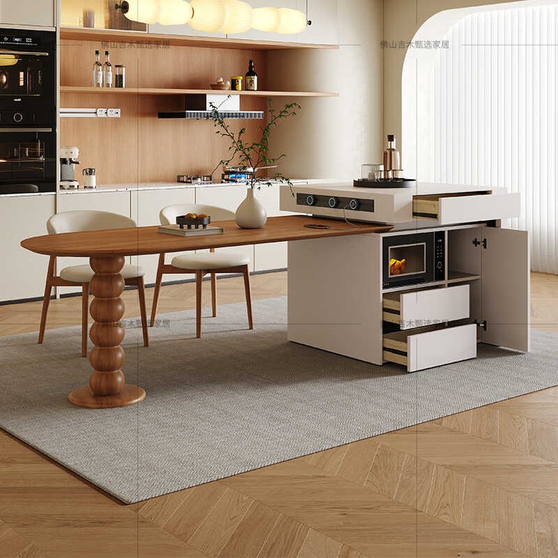 中古风岛台餐桌一体可伸缩高端原木色家用大户型开放式餐厅中岛台