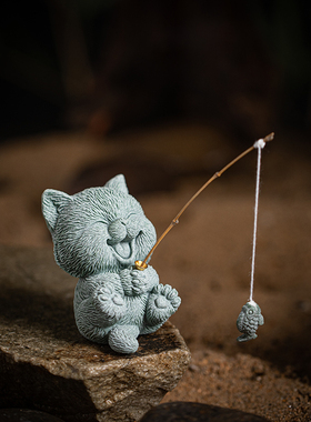 创意可爱小猫咪钓鱼茶宠摆件国潮萌猫线香插鱼缸造景盆栽桌面装饰