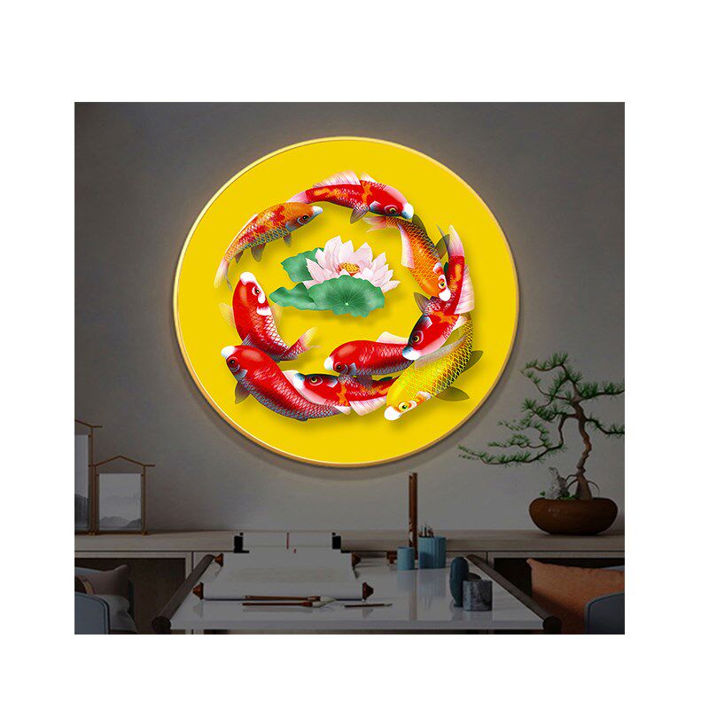 九鱼图圆形年年有余荷花锦鲤客厅墙画餐厅屏风隔断画芯书房壁画