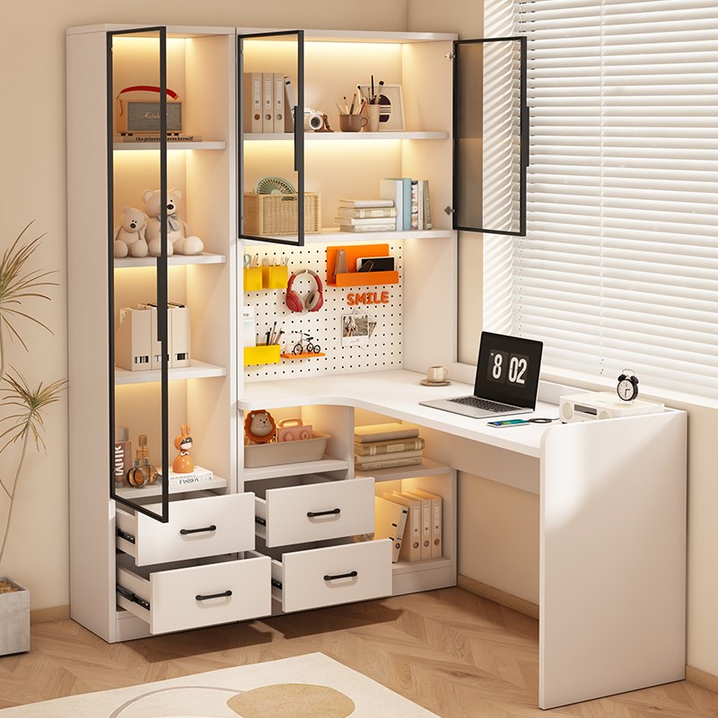 实木转角电脑桌台式家用学生写字桌带书柜现代简约书桌书架一体桌