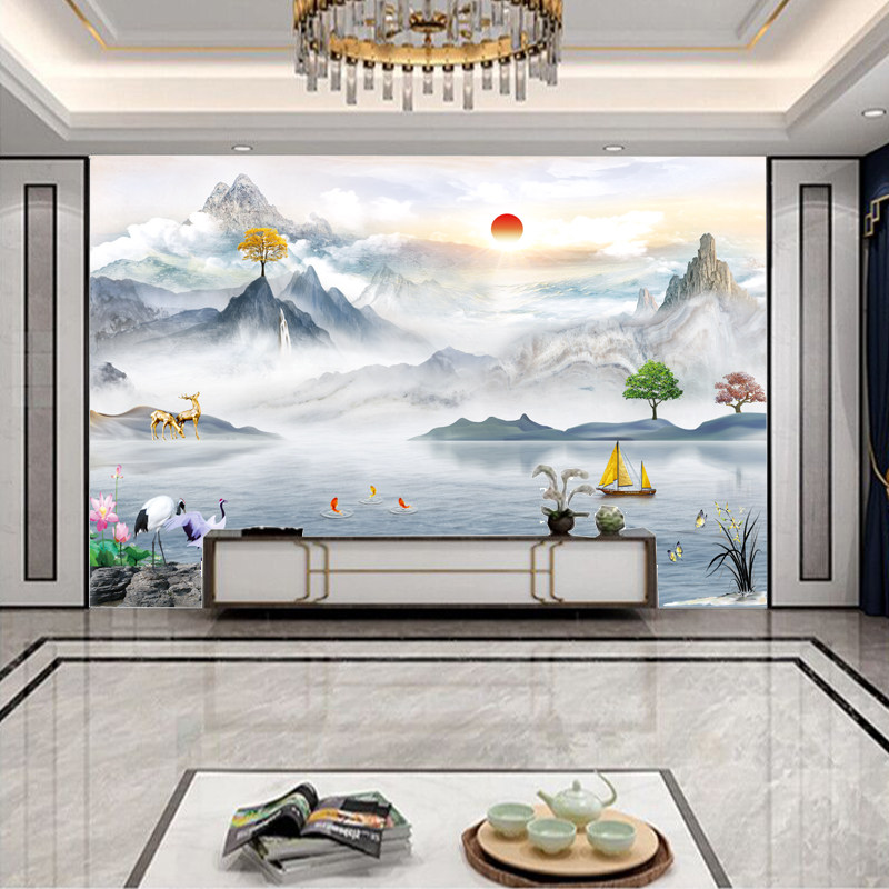 2023新款中式水墨山水壁画8d大气客厅流水生财电视背景墙纸3d壁纸