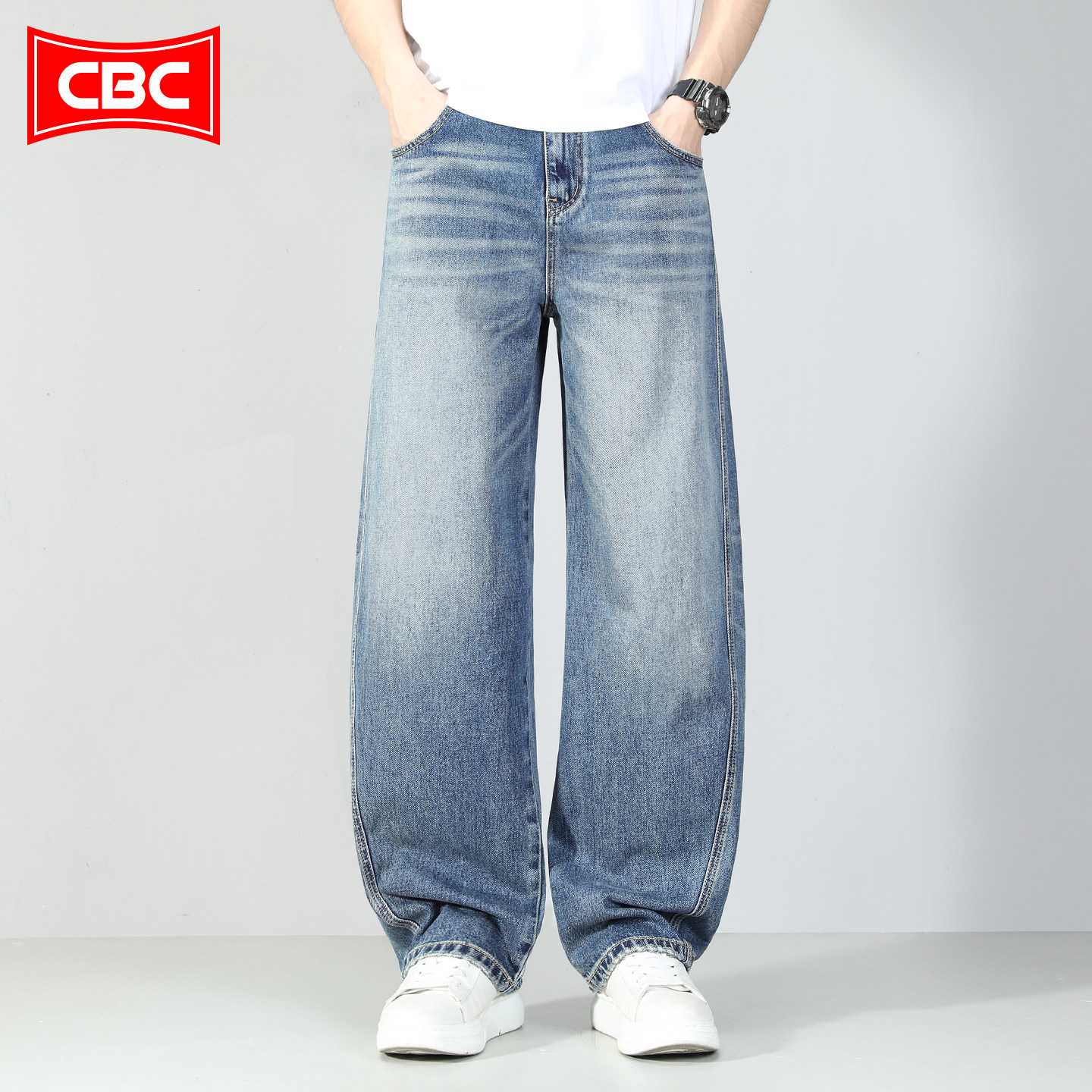 CBC复古蓝纯棉弯刀镰刀阔腿牛仔裤男2026春夏新款高端直筒长裤子