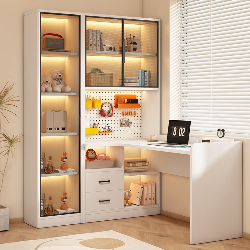 实木转角电脑桌台式家用学生写字桌带书柜现代简约书桌书架一体桌