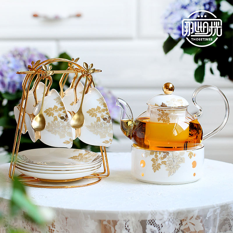 英式下午茶茶具花茶壶套装 蜡烛加热茶壶 骨瓷茶壶花茶杯欧式奢华