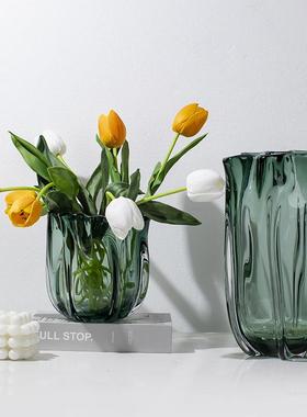 绿色琉璃瓶花PTZ摆件现代约轻奢简样板房客厅餐桌插干装花玻璃软