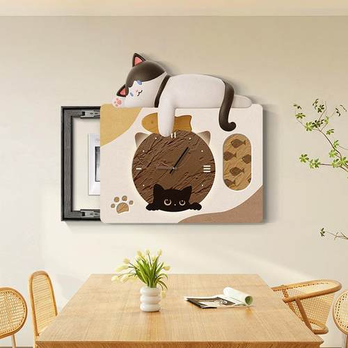 壁电遮表箱装饰画带钟表咪免打孔电猫屿时光源开关挡挂画卡猫通客